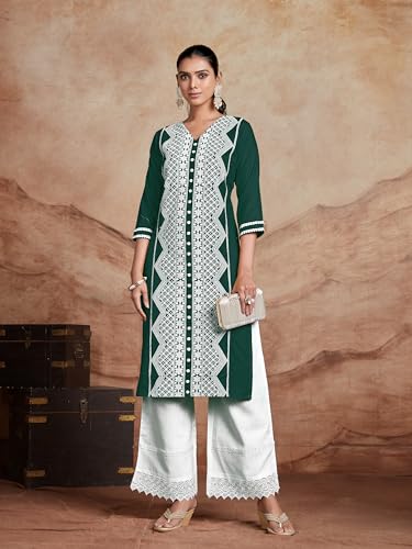 Image of EthnicJunction Women's Cotton Rayon Regular Fit Chikankari Embroidery Stright Kurta