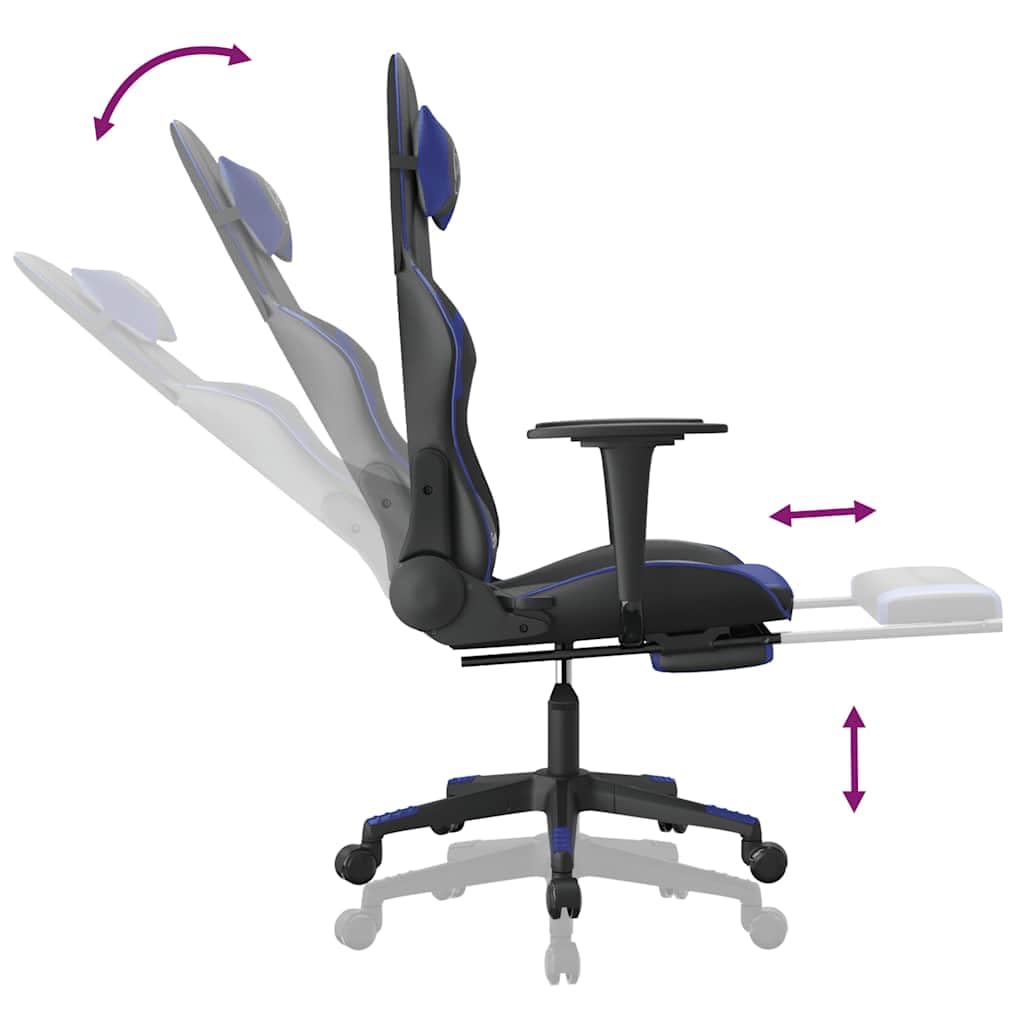 Krzesło gamingowe ze sztucznej skóry, czarno-niebieskie, z funkcją masażu, podnóżek, ergonomiczna regulacja wysokości, obrotowe, z funkcją przechylania i poduszką lędźwiową, do biura