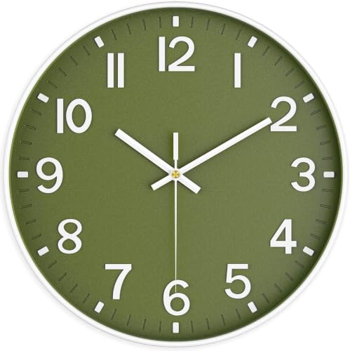 Image of Wall Clocks Battery Operated, 12 Inch Non Ticking Wall Clock, Silent Analog Clock for Bedroom Living Room Kitchen Office Gym Classroom Decor, Large Number Clocks for Seniors, Olive Green
