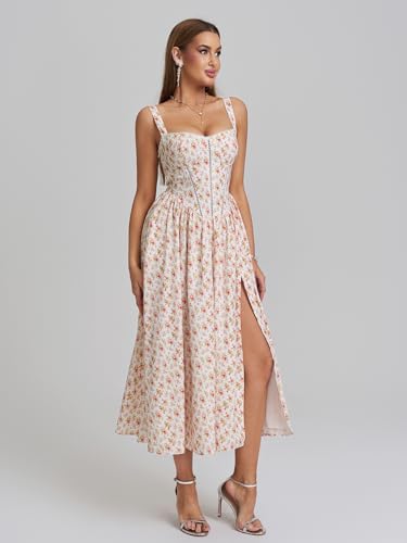 Image of KUTUMAI Floral Corset Midi Dress Flowy Slit Summer Spring Wedding Guest Dresses for Women Sundress with Pockets