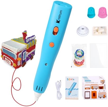 Kretrum Low Temperature 3D Printing Pen Kit with Cute Shape Wireless 3D Pen, 17 Color 1.75mm PCL Filament, Car Stencil and Fun Small Car Toy Base Crayon 3D Stylo 3D (Blue)