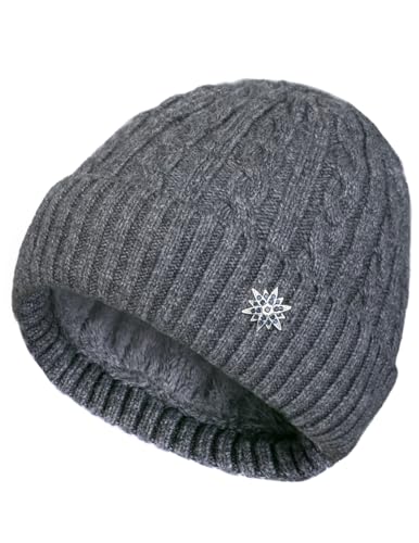 Dahlia Mens Skullies & Beanies, Wool, Cable Knit Winter Hat, Fleece Lined, Gray