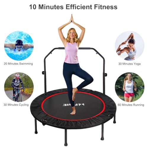 FirstE Mini Fitness Trampoline for Adults, Foldable Exercise Trampoline with Adjustable Foam Handle, Rebounder Trampoline for Bounce Workout Indoor/Garden