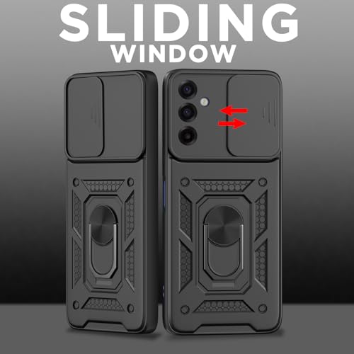 Image of Pikkme Back Cover for Samsung Galaxy M17 5G / A17 5G / F17 5G | 360 Protection Case | Sliding Camera Shield Cover & Ring Holder Stand D10 Tough Armor Bumper Case (Black)
