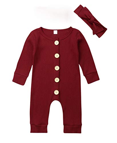 VISGOGO Newborn Baby Girls Boys Kid Solid Colour Bodysuit Sleeveless Romper Jumpsuit + Headband 2PCS Clothes Sets (F-Wine Red, 9-12 Months)
