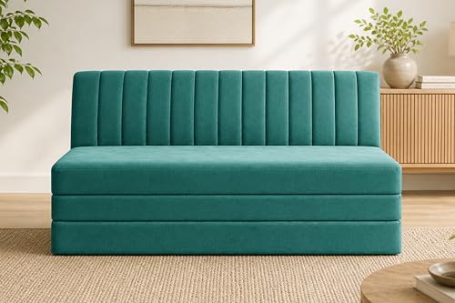 Image of 3-Seater Foldable Floor Sofa Bed with, Modern Velvet Fabric Folding Couch for Living Room, Guest Room & Small Spaces-Green