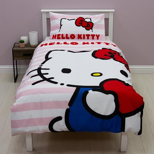 Hello Kitty Officially Licensed Hello Design Single Duvet Cover Set | Reversible 2 Sided Cat Bedding Including Matching Pillow Case | Perfect For Kids Bedroom | Polycotton