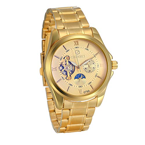 Preisvergleich Produktbild JewelryWe Herren Armbanduhr Automatikuhr Edelstahl Automatik Mechanische Analog Tourbillon Uhren, Gold