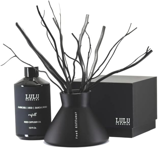 Luxury Reed Diffuser Set, Jasmine, Oud & Sandalwood, Home Fragrance Diffusers, Hotel Inspired Collection for Bedroom Bathroom Living Room & Office Aromatherapy Long Lasting Diffuser, Black Bottle