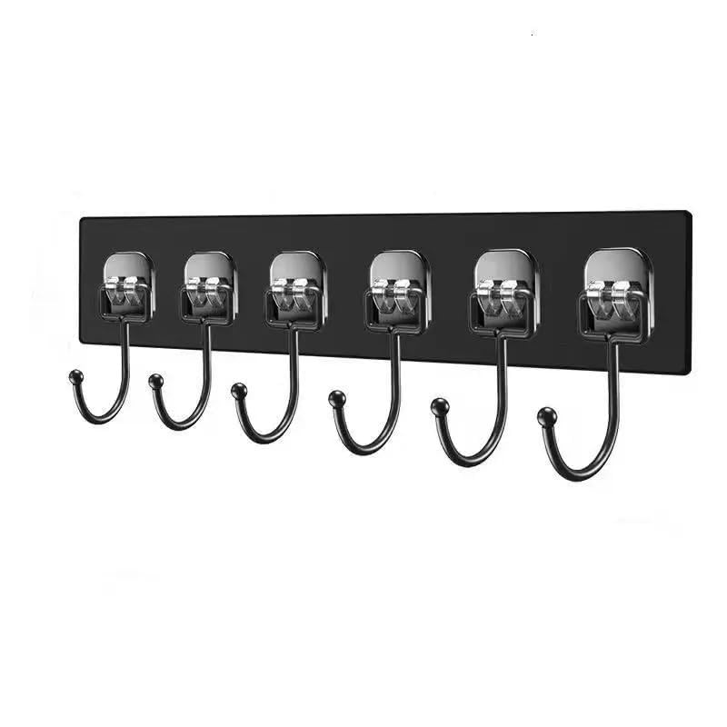 Image of 1 PCS Adhesive Sticker Wall Mounted Coat Hook Rack 6 in 1 Heavy Duty Sticky Hooks No Drilling Strong Load Bearing Organizer for Kitchen Bathroom Bedroom Doors Tiles (Black Color)