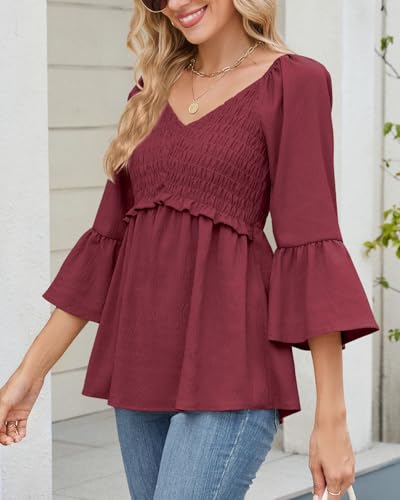 Womens Ruffle 3/4 Sleeve Babydoll Tops V Neck Peplum Blouse Smocked Loose Fit Tunic Top Bell Sleeve Dressy Tee Shirts4