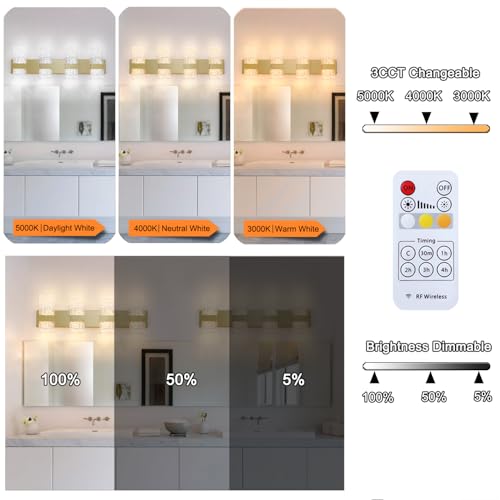 Image of Modern Polished Gold 4 Lights Bathroom Vanity Light, Eleglant LED Bathroom Light Fixtures Over Mirror, Dimmable Acrylic Shade Wall Lighting Fixtures, Hardwired Wall Light(H9.25in, L28.35in)