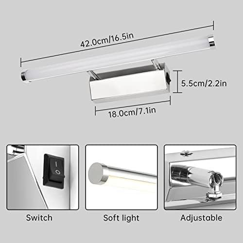 Kimjo LED Mirror Front Light 9W 42CM with Switch Daylight White, Bathroom Makeup Front Lighting IP44 for Bathroom Splashproof, LED Over Mirror Light 4000K 600LM 230V 80Ra Stainless Steel Base