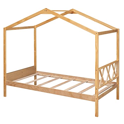 Aocoroe Wood House Bed Twin Bed Frame For Boys And Girls, Twin Size Playhouse-Design Canopy Bed Montessori Platform Bed Frame,No Box-Spring Needed #TOP5