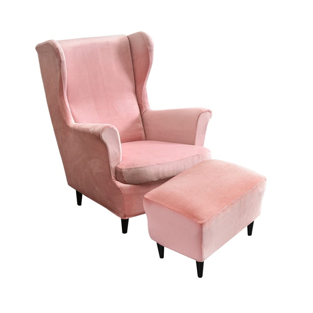 Highdi Pink Velvet Wingback Chair Covers 2 Piece With Ottoman Cover, Stretch Wing Chair Slipcover, Washable Spandex Fabric Sofa Cover Furniture Protector For Armchair Chairs Bedroom Hotel (Pink)