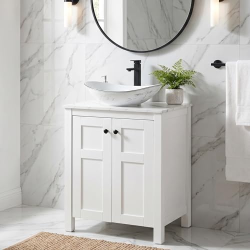 24 Inch White Bathroom Vanity with Marble Texture Top, Traditional Standing Pedestal Cabinet with Marble Boat Ceramic Sink
