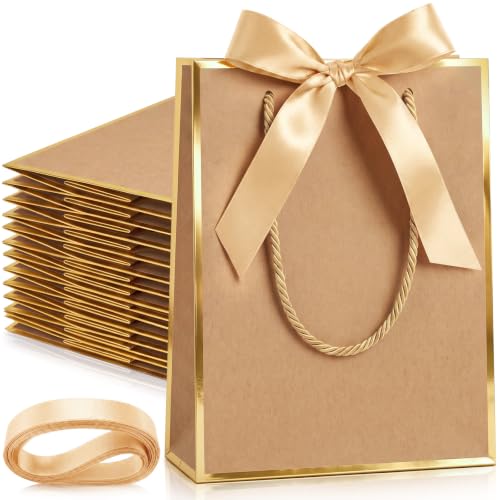 Silkfly 12 Pcs Paper Gift Bags with Handle 9x7x3.15'', Kraft,Gold