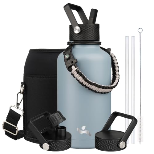Image of Konokyo Half Gallon Insulated Water Bottle with Straw,64 oz 3 Lids Water Jug with Carrying Bag,Paracord Handle,Double Wall Vacuum Stainless Steel Metal Flask,Storm Blue