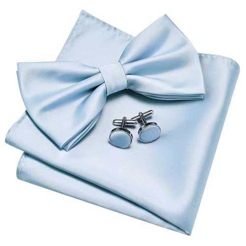 GUSLESON Baby Blue Bow Tie and Pocket Square Cufflink Set for Wedding Mens Solid Light Blue Pre-tied Bow ties (0570-47)