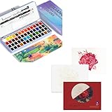 MeiLiang 52 Colors Solid Watercolor Paint (Blue Case) And Paul Rubens 10.2 X 7.2 Inches Watercolor Coloring Paper, 140lb/300GSM 100% Cotton Hot Pressed Roses Line Drawings Watercolor Paper (12 Sheets)