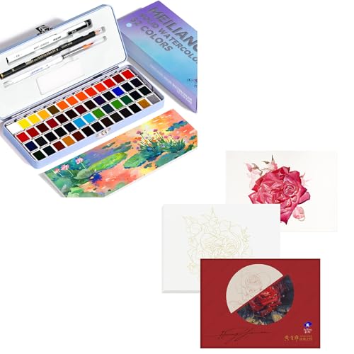 MeiLiang 52 Colors Solid Watercolor Paint (Blue Case) And Paul Rubens 10.2 X 7.2 Inches Watercolor Coloring Paper, 140lb/300GSM 100% Cotton Hot Pressed Roses Line Drawings Watercolor Paper (12 Sheets)