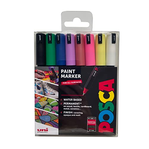 POSCA Pens PC-1MR Ultra Fine Acrylic Felt Tip Coloured Permanent Paint Markers for Adults Kids. Perfect for Colouring Fabric Graffiti Watercolour Outline Drawing Window and Glass Art. 8 Pack