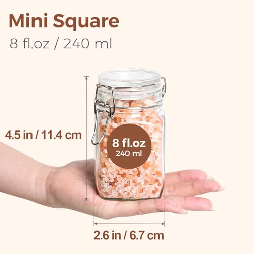 Image of ComSaf Square Glass Spice Jars 8 oz 12 Pack with Labels and Funnel Set | Airtight clamp lids, sixteen labels, larger jars for high-use seasonings, coarse spices, dried herbs, tea and easy refills