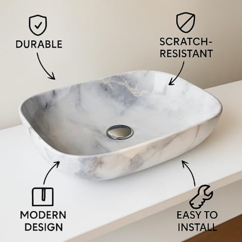 Image of Ceramic Tabletop Wash Basin - Glossy Rectangular Countertop Vessel Sink with Marble Finish for Bathroom & Vanity | Compact 18 x 13 x 5 Inch | Elegant Washbasin