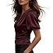Womens Dressy Satin Wrap Blouse V Neck Short Sleeve Side Ruched Crop Top Elegant Work Office Business Shirts Wine