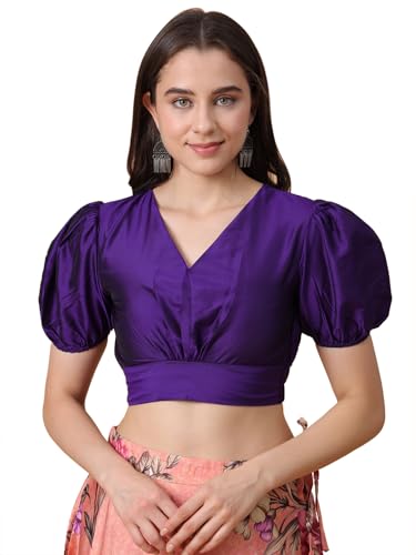 Image of Frolic Rolic Premium Silk V-Neck Blouse Readymade Saree Blouse - Designer Puff Sleeve Blouse for Wedding