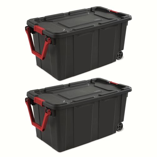 YHNNH Industrial Storage Tote with Wheels Black 40 Gallon Heavy Duty Plastic Container Handle and Latches 36.75x21.38x18 Inch Set of 2