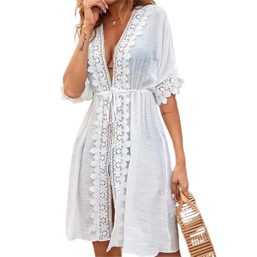 Women's Boho Bathing Suit Cover Up Lace Floral Crochet Sheer Open Front Long Kimono Bikini Cardigan Beach Dress