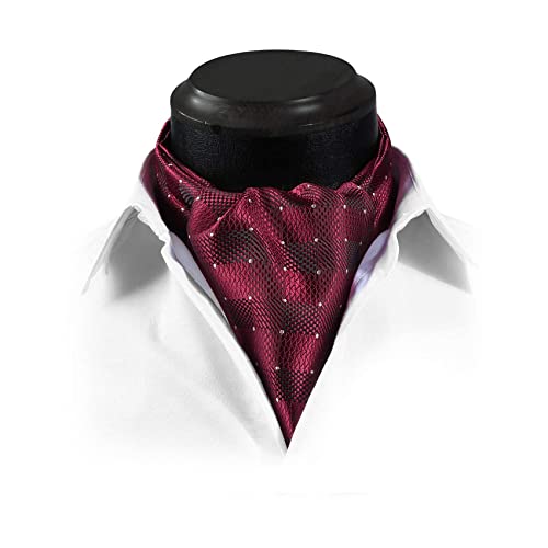 HISDERN Red Men's Self Cravat Tie Burgandy Polka Dot Jacquard Woven Ascot Wedding Party Prom Christmas - Thumbnail 2