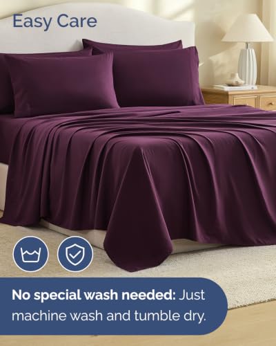Image of King 6 Piece Bed Sheet Set - Breathable & Cooling Sheets - Deep Purple