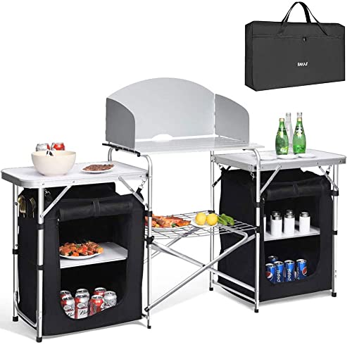 BAKAJI Cucina Armadio Mobiletto Tavolo Da Campeggio Picnic Compatta Portatile Pieghevole, Telaio Alluminio Cucinotto Paraspruzzi Borsa Trasporto Vano Portaoggetti In Tessuto (Doppio + Estensione)