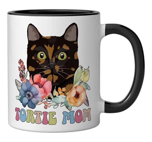 Taza cerámica Tortie Cat Mom Flores negro/blanco miniatura 2