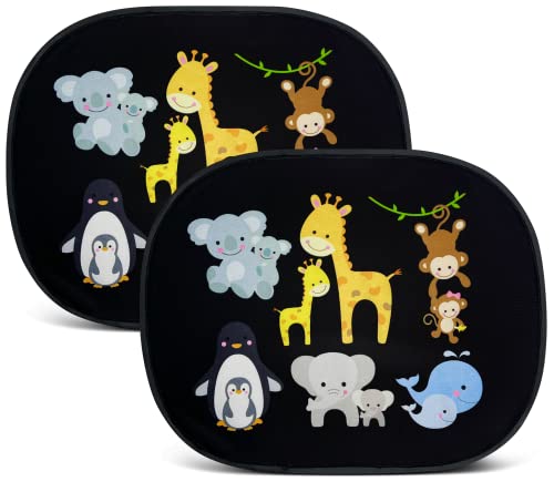 HECKBO 2X Auto Sonnenblende mit 8 Saugnäpfen - Baby Tiere mit Mama - 44x36cm - Auto Fenster Seitenfenster Sonnenschutz Autosonnenblende Seitenscheibe - mit Tasche - für Baby Kinder Mädchen Jungen