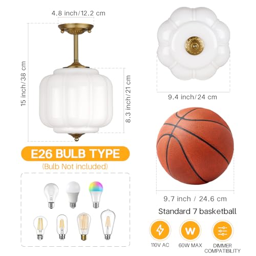 Image of 9.4 inch Milk Glass Semi Flush Mount Ceiling Light Fixture, Vintage Gold Ceiling Lamp for Hallway, Kitchen, Bedroom, Entryway, Antique Mid Century Lighting with Scallop Shade for Small Rooms
