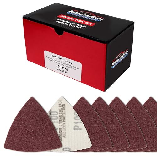 ProductionShop Premium 100 Grit Triangle Mouse Detail Sander Sandpaper Sheets, Box of 45 - Hook & Loop, Triangular Shaped Mouse Disc Pads - Oscillating Multi-Tools - Woodworking, Sand Furniture Paint