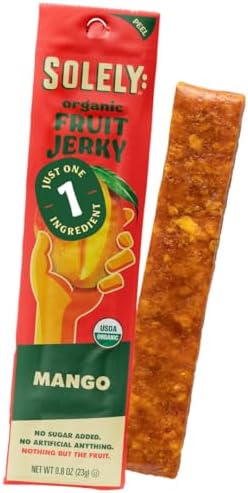 SOLELY - Organic Mango Fruit Jerky - 1 Individually Wrapped Fruit Strip - Fruit Leather Made from Dried Fruit - Healthy Snacks for Adults & Kids - Non GMO, Vegan Snacks, Shelf Stable - 0.8oz (23g)