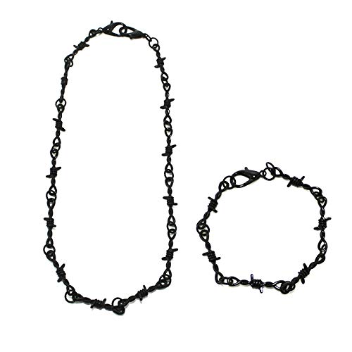 Punk Style Black White Thorns Stab Collar Metal Chain Safety Spur Necklace Set Hiphop Rock for Women Men Boys Girls Cool Gothic Jewelry-B Black Set