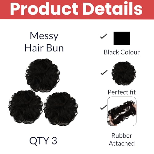 Image of TEMPERIA Hair Accessories For Women Stylish - Juda Hair Buns - Messy Bun Hair Extension - Artificial Fake Donuts Maker Scrunchies - With Elastic Rubber band - Black - 3 Pc - (25GR)