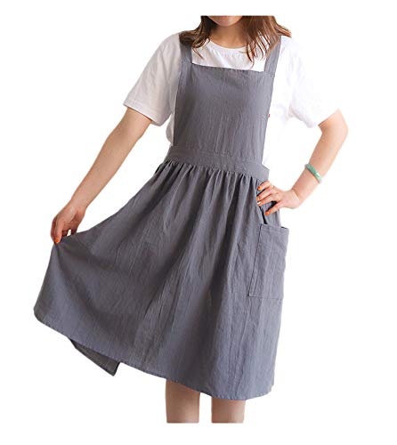 Losofar Women Girls Vintage Apron Adjustable Gardening Works Cross Back Cotton/Linen Blend Aprons Pinafore Dress With Two Pockets (Grey, One Size) #TOP4