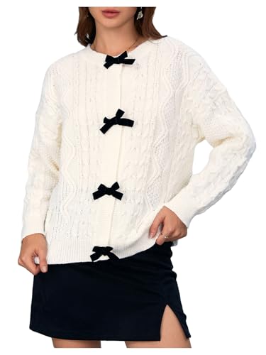 Image of MakeMeChic Women's Bow Knot Sweater Cardigan Cable Knit Long Sleeve Crew Neck Knitted Cardigan Outerwear
