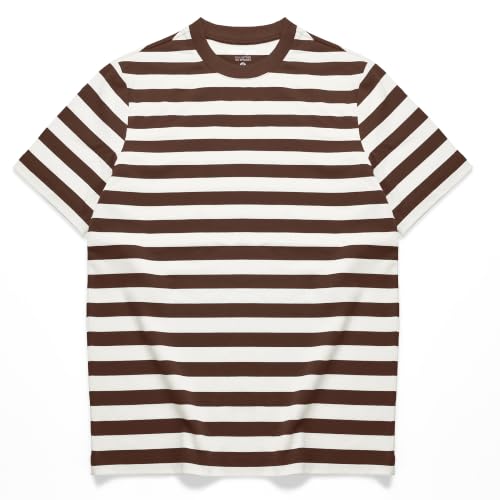 Zengjo Mens Striped T Shirt Short Sleeve Cotton Stretch,Brown/Off White, L
