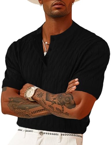 Men's Knit Polo Shirts Short Sleeve Texture Henley Shirts Knitted T-Shirts Casual Lightweight Golf Shirts