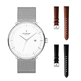 Set enthält eine Uhr mit Silber Mesh Armband und zwei extra italienische Lederarmbänder in Braun und Schwarz