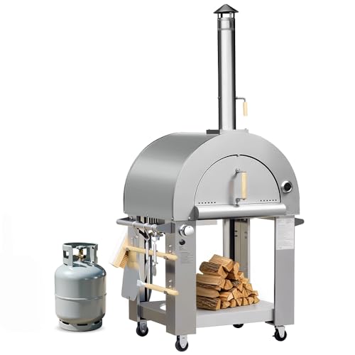 KOSTCH 32.5 inch Wood Fired and Propane Gas Pizza Oven for Outdoor Kitchen in Stainless Steel, Large Pizza Oven for Outside, Yard and Party