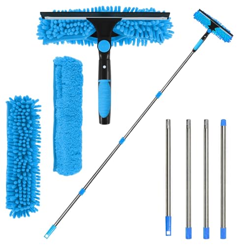 MLOQI Juego de limpiacristales telescópicos de 1,8 m, 2 en 1, Barra telescópica para Limpieza de Ventanas Interiores y Exteriores, Cristal de Coche (Azul)