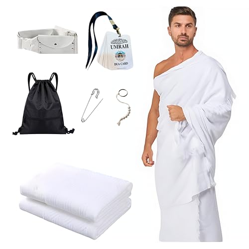 6 Pcs Set Ahram Towels for Mens - Hajj & Umrah Ihram - Ehram for Islamic Pilgrimage - Belt with Builtin Bg (Ahram Bag with Built-in Belt Bag Umrah Dua Card Tawaf Count Tasbeeh Shoebag & Pin.
